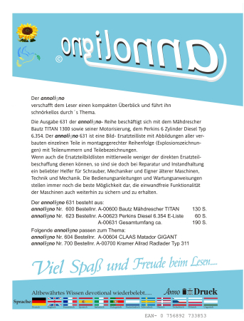 Bautz Mähdrescher Typ TITAN 1300 & Perkins Diesel Motor Typ 6.354 Bild Ersatzteilliste & Explosionszeichnungen - annoligno 631